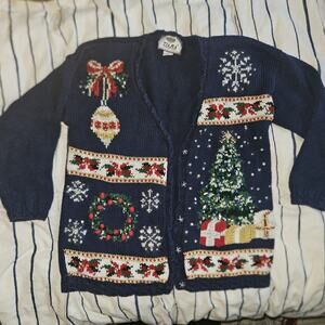 Holiday Festive Knitted Cardigan Sweater By Tiara Vintage Embellished Christmas